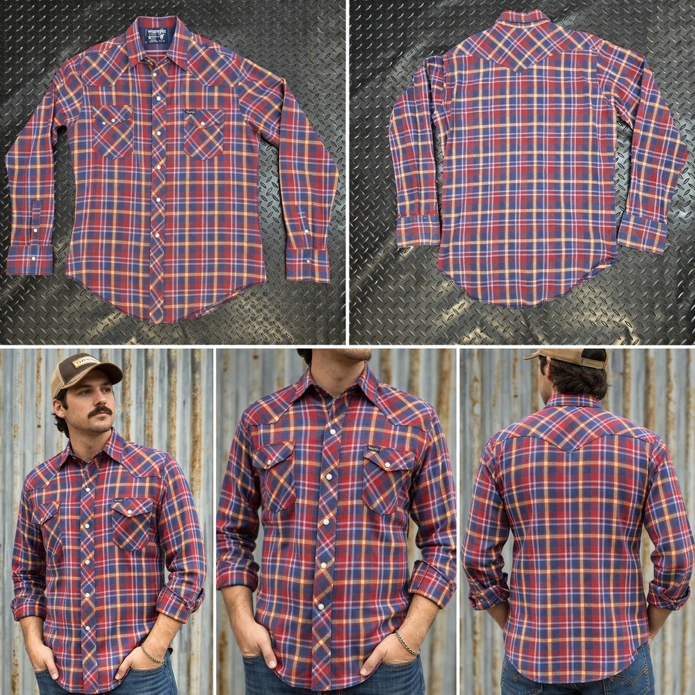 Vintage Wrangler Brushpopper Western Pearl Snap Shirt Plaid Extra LT 16x34 Med